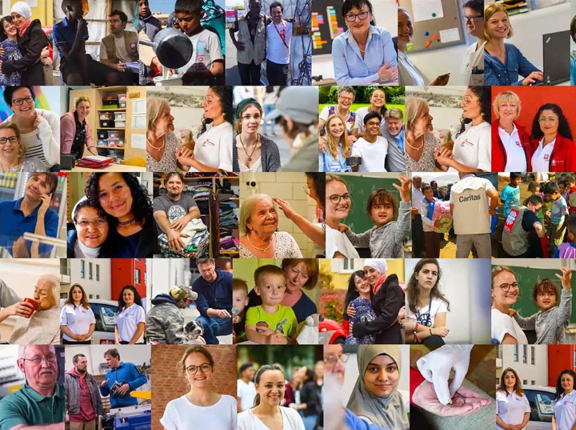 Collage von Menschen aus unterschiedlichen Lebenssituationen und Hintergründen, die mit Fröhlichkeit und Engagement dargestellt werden